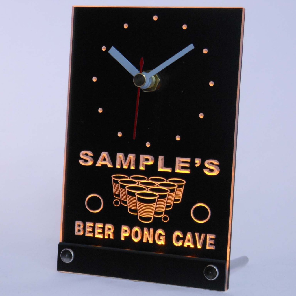 Personalized Beer Pong Cave Led Table Clock Yellow