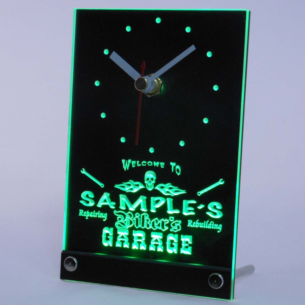 Personalized Biker's Skull Garage Bar Led Table Clock Green