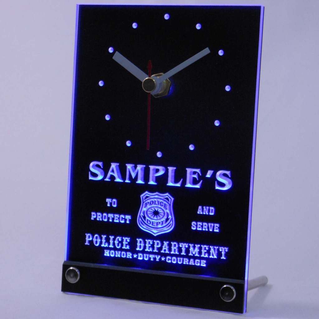 Personalized Police Station Badge Bar Led Table Clock Blue